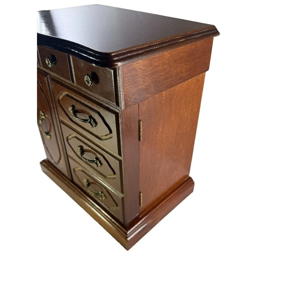 Vintage Wooden Jewelry Armoire Chest Box Taiwan Brass Hardware Multi Drawer 11